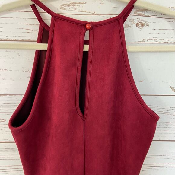 Windsor M Maroon Red Faux Suede High Neck Asymmetrical Hem Mini Dress - Picture 5 of 7